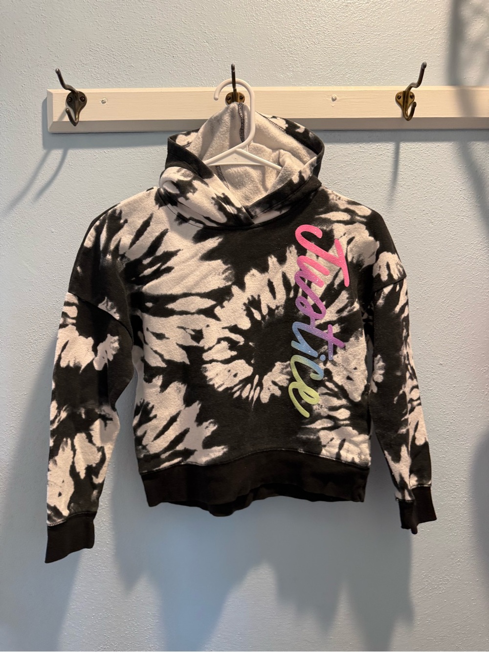 Justice Black & White Tie-Dye Hoodie with Multicolor Script